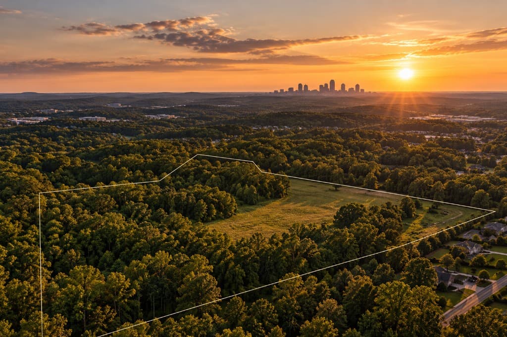 Aerial view of wooded land with a parcel outline, looking toward the skyline at sunset
